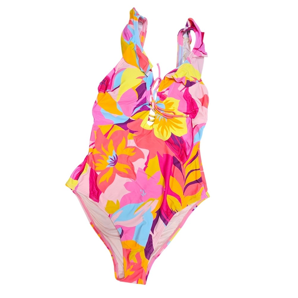 Cupshe One Piece Swimsuit Women Medium Multicolor Floral Ruffle Tropical Beach‎